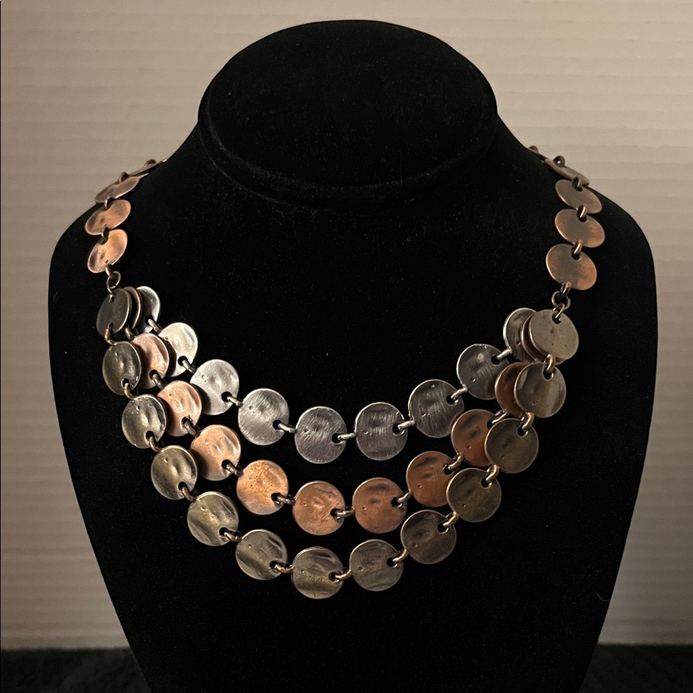 Elegant 3 Strand Mixed Pounded Metal Disc Necklace Approximately 10” Drop